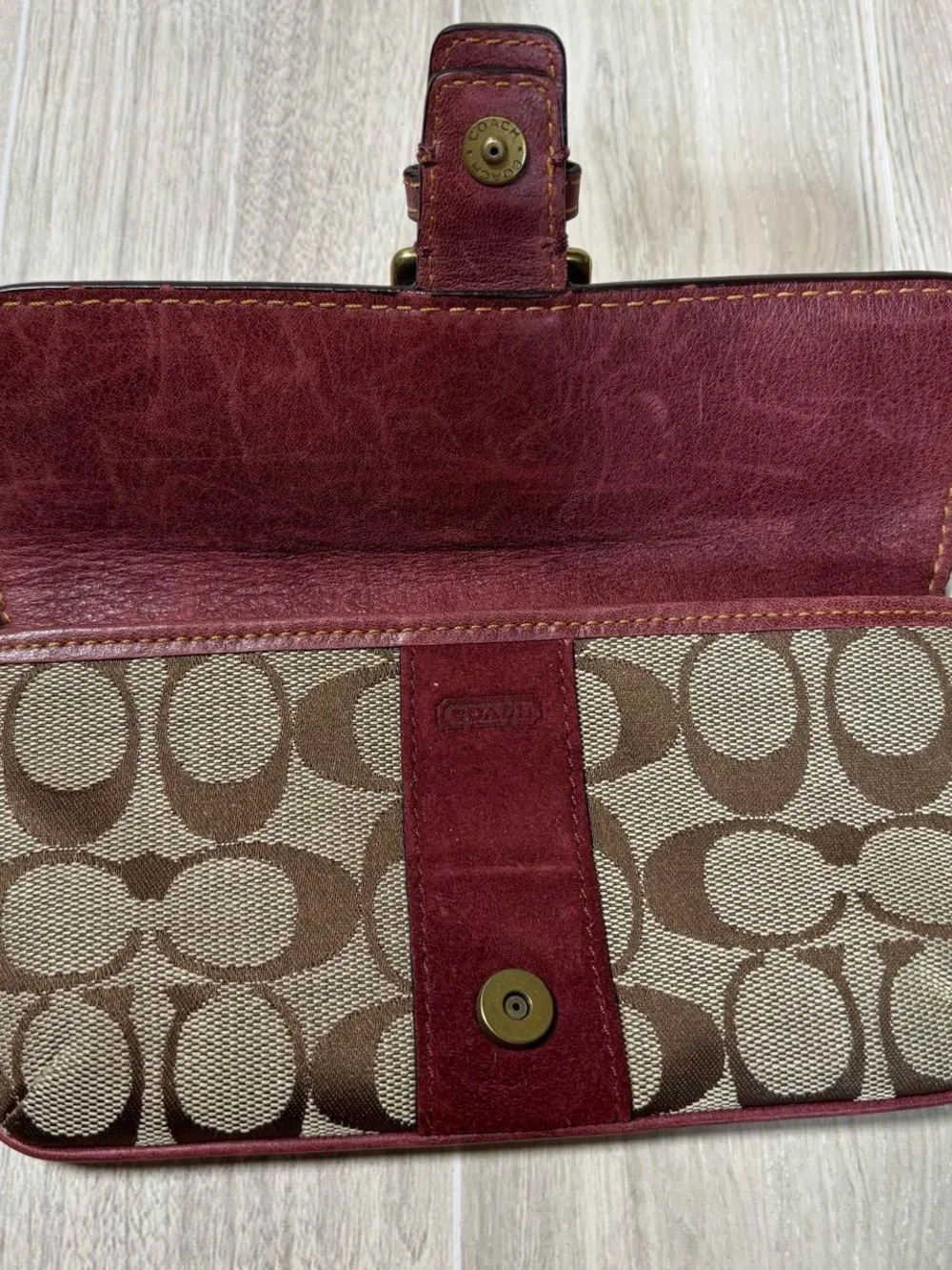 Coach Signature Canvas and Wine Leather Wristlet 2004